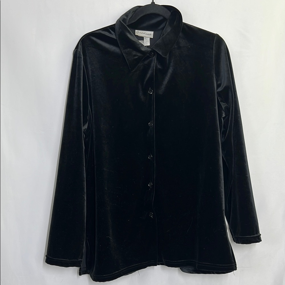 Gloria Vanderbilt Velour Velvet Black Long Sleeve Tie Front Button Down Shirt